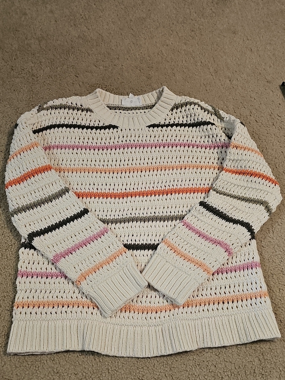 Lou & Grey Cream Open-Knit Sweater with Pink, Orange, Gray & Black Stripes